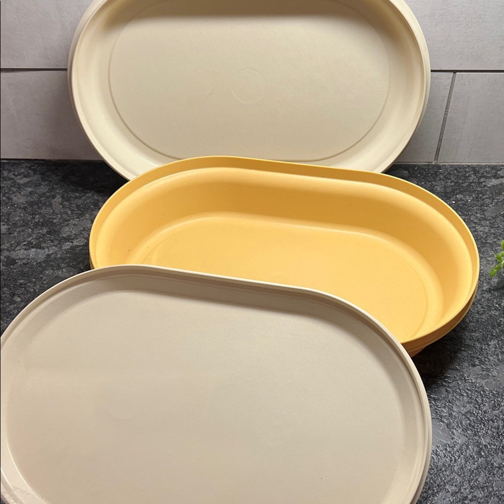 Tupperware Oval Server Cream and Harvest Gold Oval Container. NWOT - Picture 3 of 7